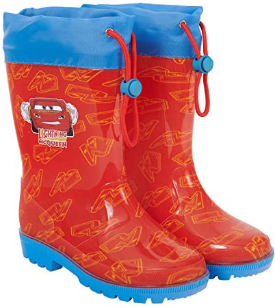 PERLETTI Stivaletti Impermeabili Bimbo Disney Pixar Cars - Stivali Pioggia Saetta McQueen con Dettagli Rossi - Scarponcini in PVC con Suola Antiscivolo Chiusura a Coulisse (Rosso, 24/25 EU)