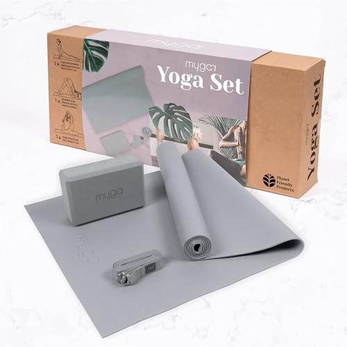 Myga Yoga Starter Set - Yoga Mat, Yoga Block Brick & Metal D-Ring Yoga Strap - Starter Kit for Beginners great for Pilates, Yoga, Stretching, Health & Fitness - Complete Home Studio Set for Gifting