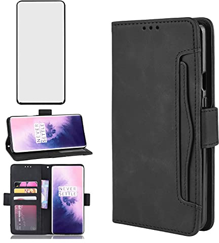 Asuwish Funda para OnePlus 7 Pro con Cristal Templado Protector Pantalla Vidrio Pelicula Protectora Libro Cuero Piel Tarjetero Soporte 7Pro GM1913 Tapa Carcasa Capa Case Hombre Mujer Negro