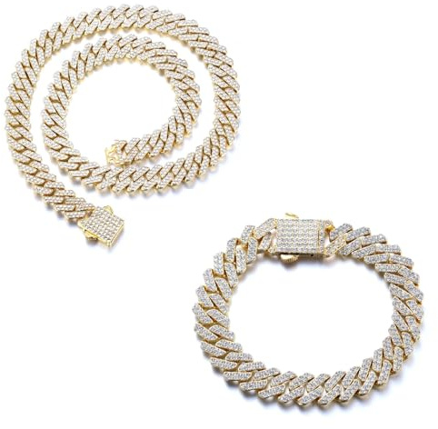 HALUKAKAH Chapado en Oro Auténtico de 18k/Platinado Diamante Cubano Pulsera de Eslabones Collar Joyas,Más de 1500 Diamantes de Laboratorio,Ancho 12mm Largo 20cm,45cm con Caja de Regalo