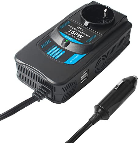 BYGD Inversor de Corriente 150W/300W, Transformador 12V a 230V con 2 Salidas USB, 2 AC Tomas Y Encendedor, Adaptador de Toma de mechero, Convertidor Onda sinusoidal para Phone, Barco, Coche