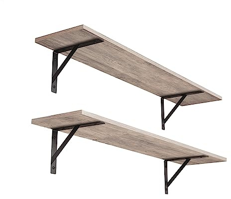 DINZI LVJ Long Wall Shelves, 31.5 Inch Wall Mounted Shelves Set of 2, Easy-to-Install, Wall Storage Ledges with Sturdy Metal Brackets for Living Room, Bathroom, Bedroom, Kitchen, Greige