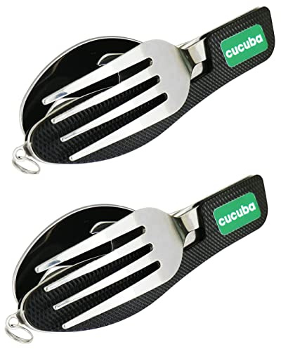 Cucuba® 2 SET DI POSATE COLORE NERO 4 PEZZI (COLTELLO, FORCHETTA, CUCCHIAIO, APRIBOTTIGLIE) IDEALE PER CAMPEGGIO, PESCA, CACCIA, ATTIVITA’ ALL’ARIA APERTA