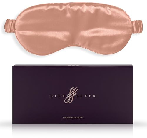 SILKSLEEK Eye Mask for Sleeping, 22 Momme Pure Mulberry Silk Sleep Mask Filled with 100% Pure Silk, Travel Essentials, Super Soft & Comfortable Blackout Eye Mask in Gift Box… (Rose Gold)