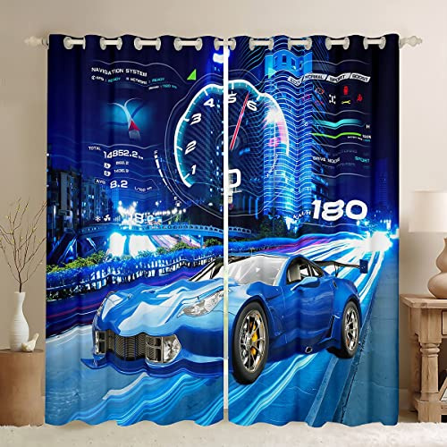 Jungen Rennauto Fenstervorhänge für Schlafzimmer Wohnzimmer Cool Sport Auto Vorhänge für Kinder Jungen Mädchen Extremsport Fenster Vorhänge Blau Automobile Auto Fenster Behandlungen W46*L54