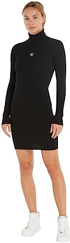 Calvin Klein Abito in Maglia Donna Badge Roll Neck Maniche Lunghe, Nero (Ck Black), M