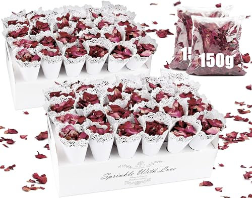 Mbsomnus Biodegradable Confetti Wedding Set - 300g Dried Rose Petals, 60pcs Cones, Cones Holder, Flower Pattern Paper Decor for Party Birthday Anniversary, White