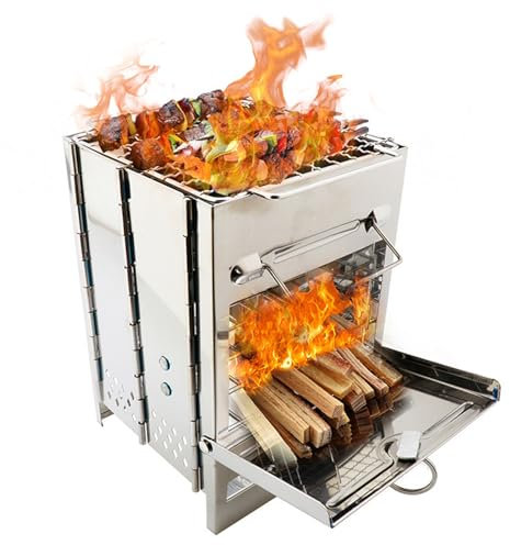 Réchaud de camping pliable, réchaud de camping en acier inoxydable, poêle à bois pliable, mini barbecue à charbon de bois, barbecue de camping portable robuste avec sac de transport