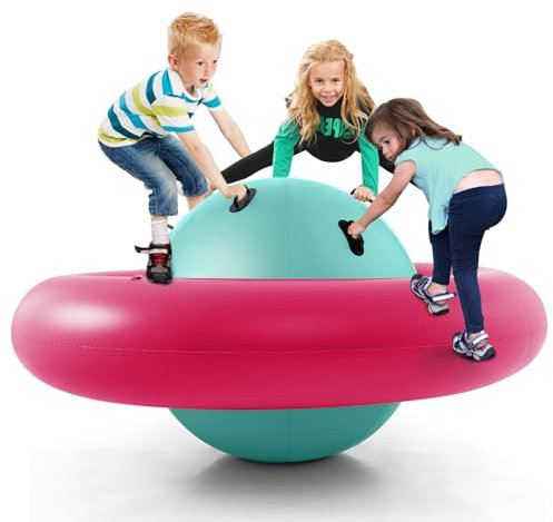 COSTWAY Balancín Inflable para Niños Mayores de 5 Años, 223 x 123 cm con 6 Asas Incorporadas, Balancín Inflable con Cúpula (Rosa)