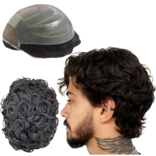 Toupet für Männer Menschhaarperücken Mens Toupet European Virgin Human Hair Units Lockige Welle Mens Perücke Toupet Haar Echtes menschliches Ersatzsystem für Mann FPM Patch (8x10) (#1B Off Black)