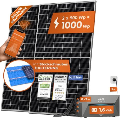 Solarway® All In One Balkonkraftwerk mit Speicher 1000W komplett Steckdose - 1,6 kWh Anker Solix 2 PRO Speicher - Solaranlage Komplettset - 500W Solarmodule & Anker Speicher & Zubehör