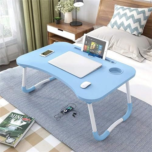 JupiterJX Foldable Laptop Stand For Bed, Laptop Bed Sofa Table Tray With Notebook Stand, Steel Non Slip Legs, Cup Holder Folding Lap Desk For Couch Floor Watching Movie Work From Home (White Blue)