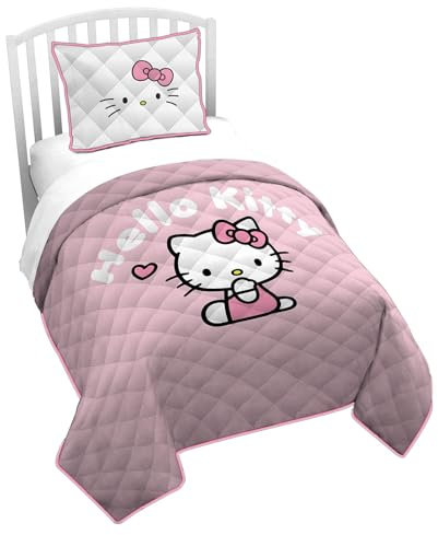 Jay Franco Hello Kitty Pink Stripes & Hearts Twin Size Quilt & Sham Set - Super Soft Lightweight Bedspread Set
