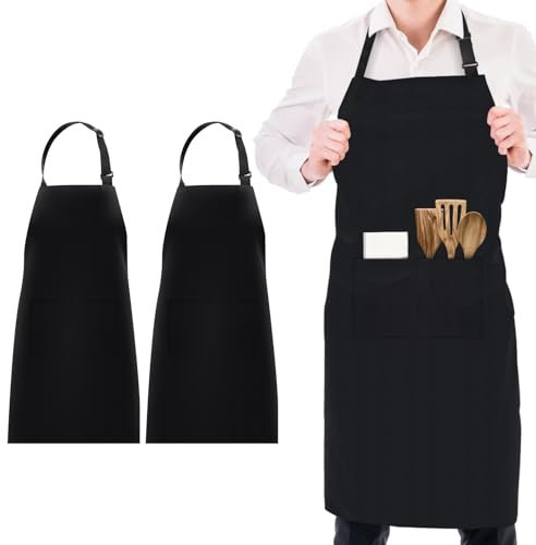 GlasFlength Delantal Cocina Hombre y Mujer 2 Piezas, Ajustables Mandiles con 2 Bolsillos para Chef Impermeables Delantales para Cocinar Hornear Pintura Mandil para Barbacoa Restaurante (Negro)