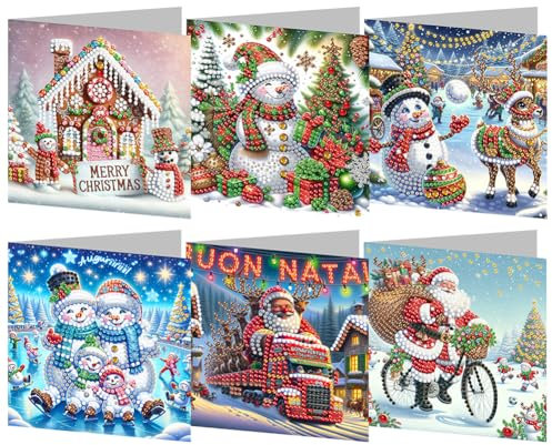 AMZLORD 6 Stück Diamond Painting Weihnachtskarten 5D Diamant Painting Weihnachten Karten mit Umschlag Handgemachtes Diamant Malerei Grußkarten Weihnachten Geschenk for Weihnachten