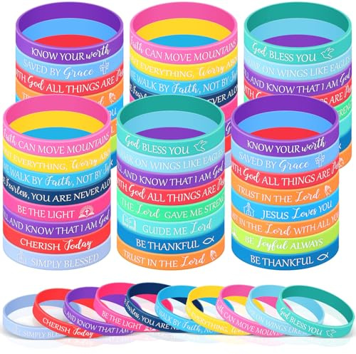 Jadive 60 Stück Motivationsarmbänder Bibelarmbänder Christliche Mutmacher Geschenke Inspirierende Silikon Armbänder mit Religiöse Sprüchen Gummiarmbänder mit Bibelversen für Party Mitgebsel Kirche