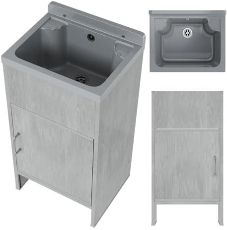 Granitan Ausgussbecken mit Unterschrank - Ausgussbecken Kunststoff für Garage Keller und Werkstatt - Unterschrank mit Türen auf beiden Seiten - 42x34x24cm - Grau