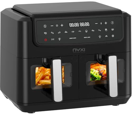 Nyxi Air Fryer 9L Dual Basket (4.5L Each), Visual Window, 13 Cooking Modes, Digital Control, Adjustable Temperature, Timer, Non-Stick Tray, Energy-Saving (Dual Basket, 9 Litre, Model 3867)