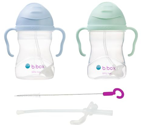 b.box Tasse à paille | Lot de 2 avec paille de rechange et brosse | Bébé 6m+ | Sans BPA | Anti-fuite | Compatible lave-vaisselle | 240ml | Lot de 2 | Bleu/Vert