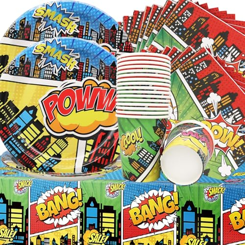 Doyomtoy Héros Fêtes Vaisselle, 61 Pièces, Hero City Super-héros, Assiettes, Serviettes, Tasses, Nappe, Thème Anniversaire Enfant, Rouge, Bleu, Jaune, Super-héros, 4 Packs