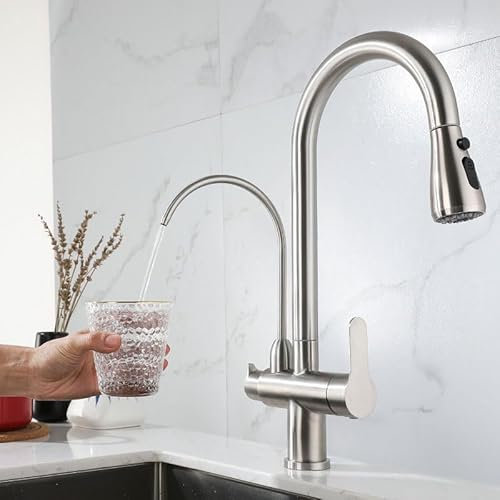 Stainless Steel 3 Way Kitchen Tap with Water Filter and 2 Modes Dual Lever Hot Cold Water Brushed Sink Mixer Tap for Single Hole Installation
