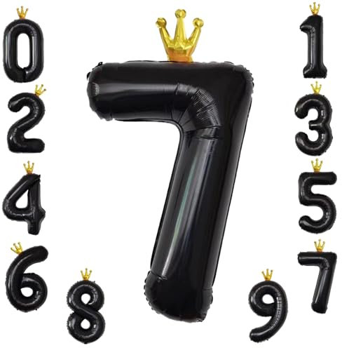 KOBOKO Zahlen Luftballon 7, 40 Zoll Folienballon 7, XXL Ballon 7 Jahre Mädchen Junge, Schwarz luftballons zahlen 7.Geburtstag, Krone Helium Ballons 7 Zahl Deko für Geburtstagsdeko Party Dekoration