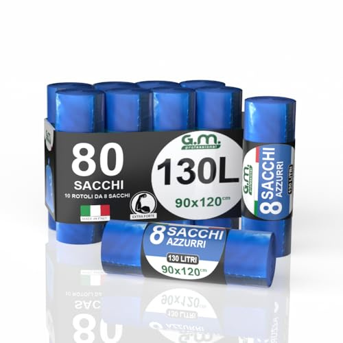 GM 80 Sacchi Azzurri Grandi Resistenti 90x120 cm Plastica HDPE, 130 litri, Sacchetti Differenziata, Sacchi spazzatura, Buste Spazzatura, Sacchi condominiali, 10 Rotoli da 8 Buste Immondizia