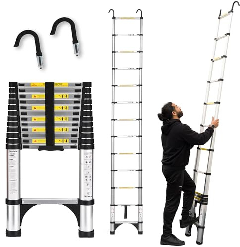Telescoping Ladder, 12.5 FT Aluminum Lightweight Extension Ladder with 2 Stable Hooks, 2 Triangle Stabilizers & Non-Slip Feet, Heavy Duty 330 Lbs Max Capacity, Ideal for Home, RV & Outdoor Work
