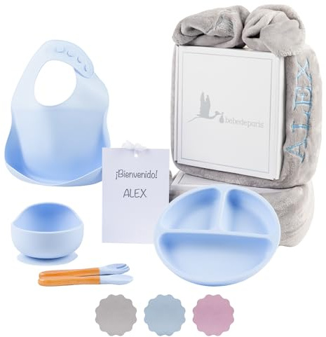Regalo Ecológico Personalizado para Bebé | Vajilla de Silicona | Accesorios Personalizados (Azul | Vajilla + Manta) | BebeDeParis
