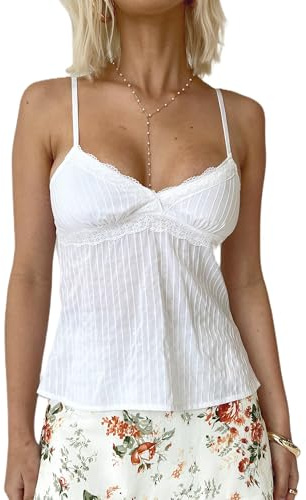 Acrawnni Women's Y2K Lace V Neck Camis Sleeveless Spaghetti Straps Backless Tank Cropped Tops Cute Fairy Lace Trim Camisole (A-White, S)