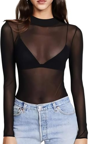 TUONYIS Hauts Transparents Femme T-Shirt à Manches Longues, Elastique Chemise Noir Manches Longues Top en Maille Sexy Blouse Sheer Tops en Filet pour Soirée Club(FR/ES, Alpha/Lettres, M, Noir)