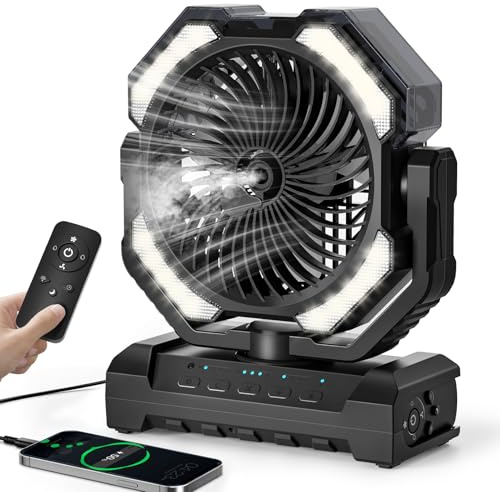 covozon Ventilador de niebla portátil de 20000 mAh, ventilador de camping recargable por USB con luz LED, funciona con pilas para exteriores, tiendas de campaña, playa, viajes, tanque de agua de 250
