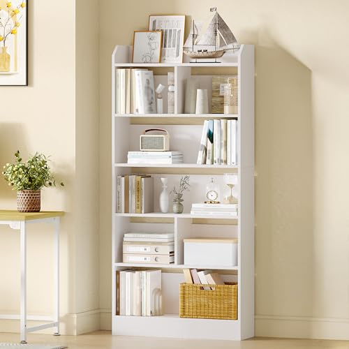 Hzuaneri Bücherregal mit 6 Fächern, 24 x 80 x 170 cm, Weiß | Bücherschrank, Standregal, Aufbewahrungsregal, für Wohnzimmer Büro Schlafzimmer, BC11803X