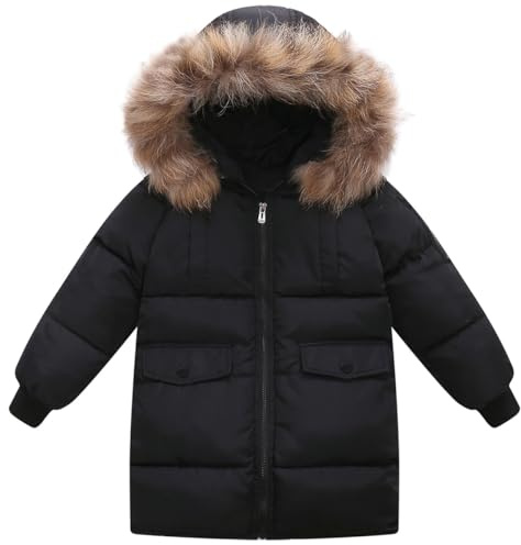 Valcatch Boys Girls Winter Coat Padded Parka Jacket Thicken Long Puffer Jackets Coats Kids Teen Faux Fur Hooded Winter Down Windbreaker Snow Jacket Warm Windproof Outwear with Zipper and Pocket 2-12T