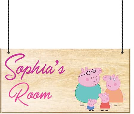 KreateSquare Personalised Signs Wooden Room Decor, Ideal for Christmas, Bedroom Door Signs with Children's Names, Door Sign Plaques for Son, Daughter, Kids (Peppa Sign)