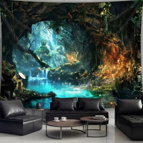 Arsey Wandteppich Magischer Wald, Mystischer Wasserfall- und Leuchtenden Pilz-Design Wandtuch, Wandteppiche Aesthetic Deko Wohnzimmer Schlafzimmer, 200 x 150cm