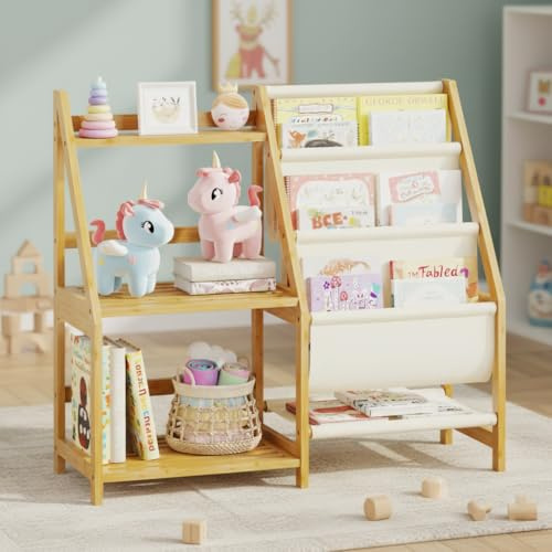 BAMBANG Kinder Bücherregal aus Bambus, 3-stufiges Montessori Kinderregal für Bücher & Spielzeug, Bücherregal Kinderzimmer & Babyzimmer – Natur