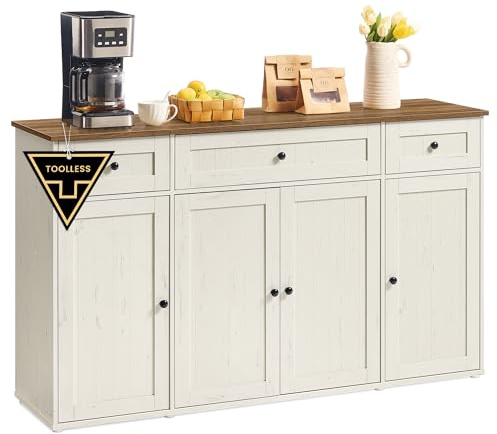 SONGMICS HOME Credenza, Snapsemble Montaggio Rapido, Montaggio Senza Utensili, Mobile da Cucina con Piano, Buffet, Ripiani Regolabili, Bianco Vintage e Marrone Miele BBK376WJ02