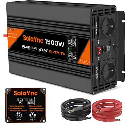 SolaYnc 1500W Inversor 12V 230V Onda sinusoidal Pura, inversor para automviles, con Pantalla LCD, Mando a Distancia, enchufes UE, Puerto USB, Apto para autocaravanas, Campers e instalaciones solares.