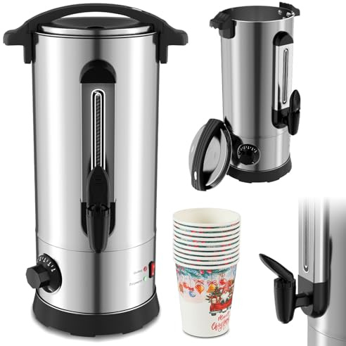 Cecaylie Hervidor de vino caliente de 10 litros, color plateado, incluye 10 tazas, con termostato, grifo, indicador de llenado, color plateado
