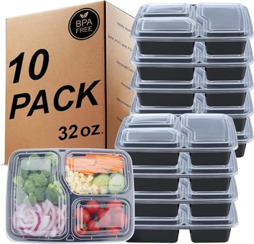 KINGHON Lot de 20 boîtes de conservation réutilisables, 3 compartiments de 1000 ml, sans BPA, avec couvercles, passent au micro-ondes, congélateur et lave-vaisselle