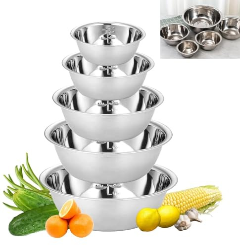 SVUPUE Cuenco de acero inoxidable, cuenco de metal, juego de cuencos de acero inoxidable, ensaladera con escala, cuenco para mezclar, cuenco apilable, para cocina, hornear, ensalada, juego de 5, 14/16