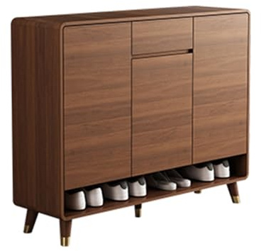 Zapatero delgado de nogal con puertas, zapatero de madera para el hogar y el apartamento, zapatos ocultos, elegante solución de almacenamiento de zapatos