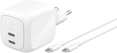 Belkin BoostCharge Pro 2-Port USB C Ladegerät, 67W, GaN-Ladegerät | 2-m-USB-C-Kabel, Schnellladen für Geräte wie MacBook, iPhone, iPad Pro, Chromebook, Samsung Galaxy, Pixel - Weiß
