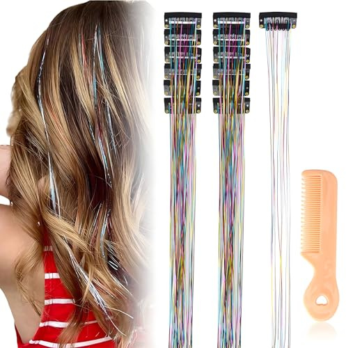 LOLANIUT 12 ciocche di capelli glitterate con clip, extension colorate per capelli con clip forti, per donne e ragazze, ciocche glitterate arcobaleno per festival e feste, con pettine incluso