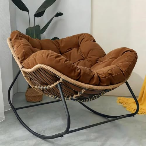 Teel Giant Rocking Chair, Indoor Outdoor Wicker Rocking Egg Chair, Comfortable Upholstered Modern Papasan Lounge Chair, for Bedroom, Living Room, Porch, Garden, Patio (Brown)