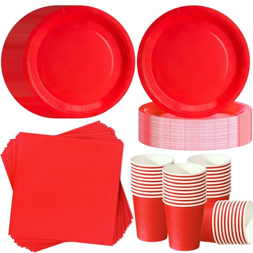 ZblPyro Set Stoviglie per Feste Rosso (40 Ospiti), con 40 Piatti carta Rotondi 18cm, Bicchieri di carta, Tovaglioli, Per Feste Compleanno e Celebrazioni