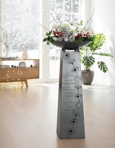 MF Dekorativer Metallständer mit Schale, Antik-Grau, 102 cm, Blumendesign mit Spruch 'Lerne Träume Lebe', für Wohnraum und Terrasse