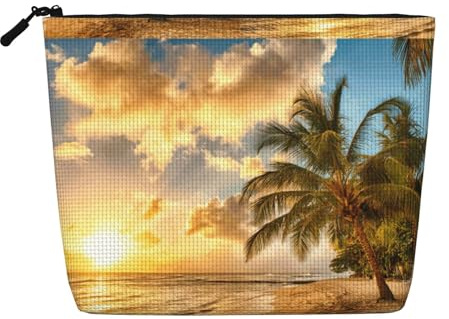 Sunset Hawaiian Palm Tree Zippered Cosmetic Bag Large Capacity, Fake Hemp Travel Pouch Daily Use Women's Organizer