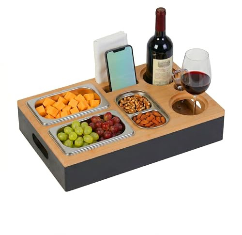 Relaxdays Couchbar, bambú, 3 Cuencos INOX para Snacks, Negro/Natural